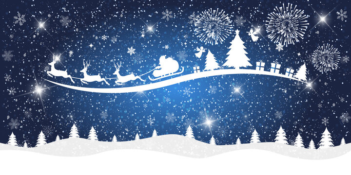 Merry Christmas and happy New Year. Christmas snow landscape on the blue background with santa claus.