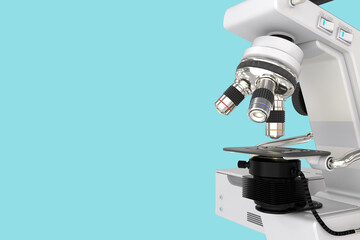 96 MPx high resolution renders of electronic microscope with fictive design isolated on blue - realistic 3d illustration of object