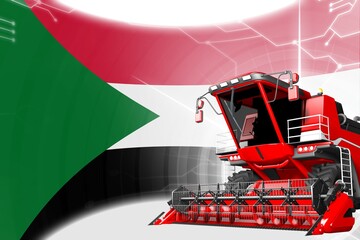 Digital industrial 3D illustration of red advanced rural combine harvester on Sudan flag - agriculture equipment innovation concept