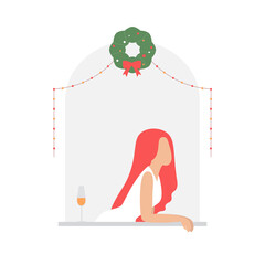 Beautiful woman in white dress with long red hair looking through window. New Year or Christmas celebration. Quarantine, stay at home concept. Vector illustration in flat style.
