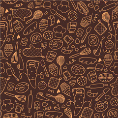 Seamless pattern with hand drawn bakery doodles on brown background. Good for wrapping paper, textile prints, packaging, wallpaper, backgrounds, etc. 