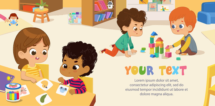 Preschool Class. Multicultural Kids play with bricks and educational games in kindergarten room. Poster with the place for your text. Playroom with children