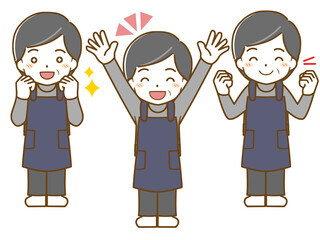 エプロンを着た中年男性の楽しい表情