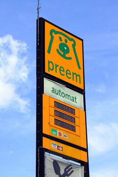 Ronneby, Sweden -July 27, 2019: Preem  fuel station logo against a clouded sky.