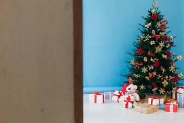 Christmas tree pine with new year gifts holiday red decoration decor