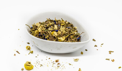 hearbal tea in white bowl on white background