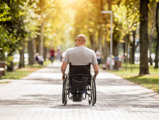 Handicapped man in wheelchair walk at the park alley