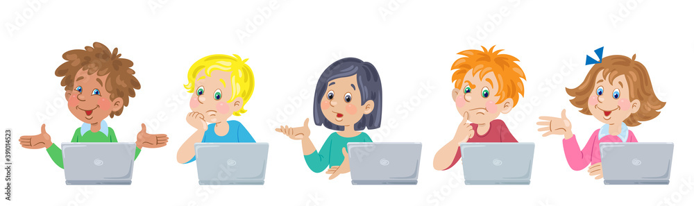 Wall mural Online education for kids. Children of different nationalities with their laptops. Various emotions. In cartoon style. Isolated on white background. Vector flat illustration.