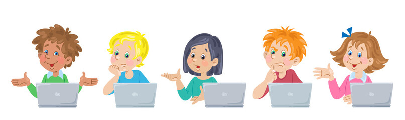 Online education for kids. Children of different nationalities with their laptops. Various emotions. In cartoon style. Isolated on white background. Vector flat illustration.