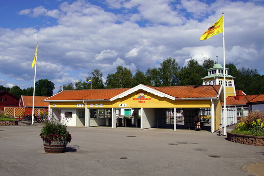 Vimmerby, Smaland, Sweden - August 2, 2019: Public entrance of Swedish theme park Astrid Lindgren's World.