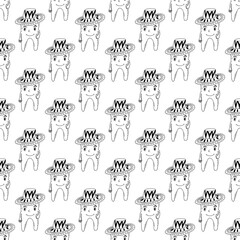 Funny toothbrush character in a cowboy hat seamless pattern. Hand drawing illustration for dentists. Black outline vector art.