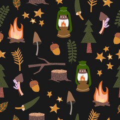 Cute and cozy autumn pattern seamless. Scandinavian style autumn vector elements. Campfire, fir-tree, acorns, camping lamp, stars, picnic and hiking mood