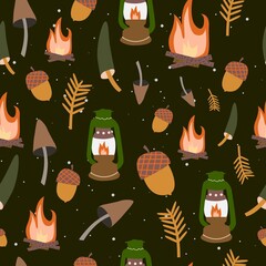 Cute and cozy autumn pattern seamless. Scandinavian style autumn vector elements. Campfire, fir-tree, acorns, camping lamp, stars, picnic and hiking mood
