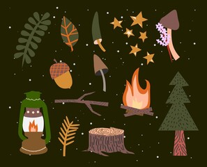 Cute and cozy set of autumn illustrations. Scandinavian style autumn vector elements. Campfire, fir-tree, acorns, camping lamp, stars, picnic and hiking mood