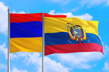 Ecuador and Armenia national flag waving in the windy deep blue sky. Diplomacy and international relations concept.
