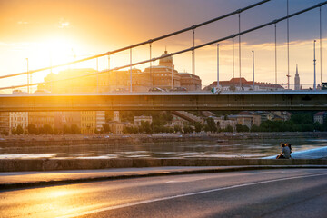Fototapeta na wymiar Sunset in old city. Bridge and castle