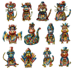 Pattern of 12 animals of the Eastern horoscope. Set of 12 metal animals in steampunk style Chinese new year symbols isolated on white background. Watercolor illustration of the symbols of the year.