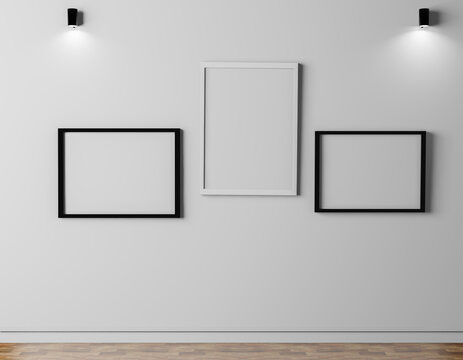 Empty frames on wall, home decoration, white and black frames, wall artwork interior design show