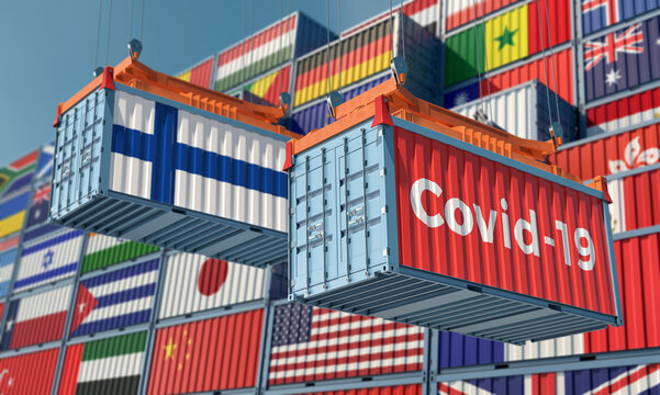Container with Coronavirus Covid-19 text on the side and container with Finland Flag. 3D Rendering © Marius Faust