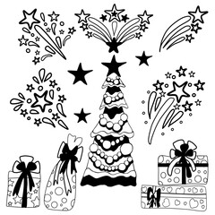 Fototapeta na wymiar Happy New year. Christmas. Vector drawing in Doodle style. Vector set of Christmas trees, fireworks, gifts isolated on a white background. Linear drawing. For postcards, design, decoration
