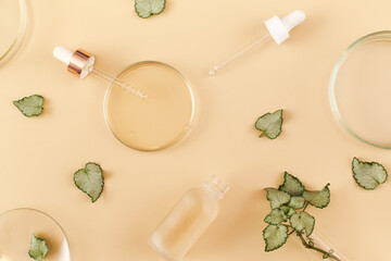 Laboratory glassware with serum and oil on beige background. Natural medicine, cosmetic research, bio science, organic skin care products. Flat lay, top view.