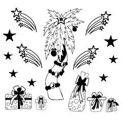 Hawaiian new year. Christmas on the beach. Vector drawing in Doodle style. Vector set of palm trees, fireworks, gifts isolated on white background. Linear drawing. For  cards, design, decoration