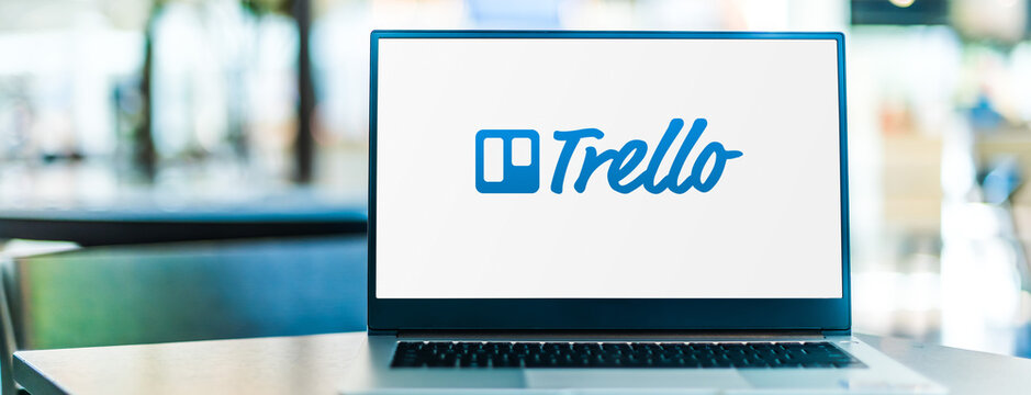 Laptop computer displaying logo of Trello