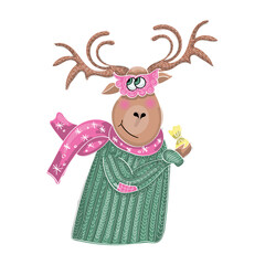 Funny christmas deer in sweater and scarf, clipart isolated on white background
