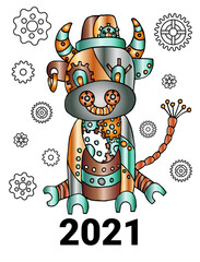 Cute metal Bull surrounded by gears, Chinese zodiac symbol of the new year 2021. Oxl in steampunk style. Sign of the Eastern horoscope.  Vector illustration of l for calendar cover, design, decor.