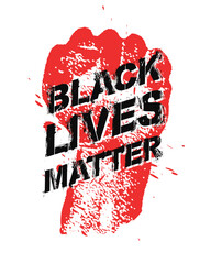 Protest poster with text BLM, Black lives matter and with raised fist. Vector illustration