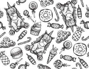 Vector Unicorn and sweets seamless pattern, isolated on white. Hand drawn illustration.
