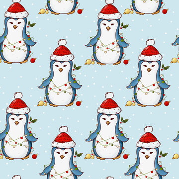 Christmas pattern of cute cartoon penguins.