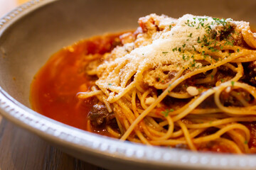 カフェで食べるミートスパゲティ