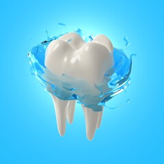 3d render realistic teeth. clean white teeth with mouth rinse