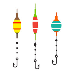 Fishing float with a hook set, isolated on white background, vector illustration.