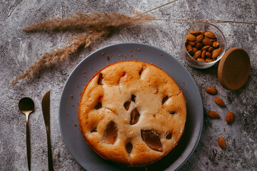 Homemade pear cake, on a tempo gray background.