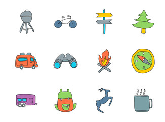 camping doodles isolated on white. camping icon set for web design, user interface, mobile apps and print