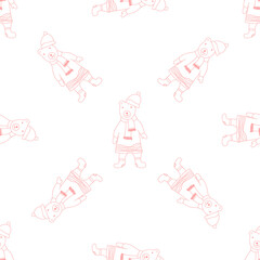 Hand drawn seamless pattern with funny bears in cartoon style. Cute animal in cap and scarf.