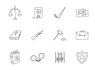 police hand drawn linear vector icons isolated on white background. police doodle icon set for web and ui design, mobile apps and print products