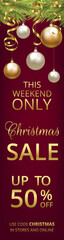 Christmas sale banner. Christmas fir tree with baubles and golden serpentine. Vertical web banner