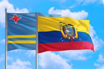 Ecuador and Aruba national flag waving in the windy deep blue sky. Diplomacy and international relations concept.