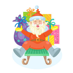 Funny Santa Claus sits on a sled with gifts. In cartoon style. Isolated on white background. Vector flat illustration.