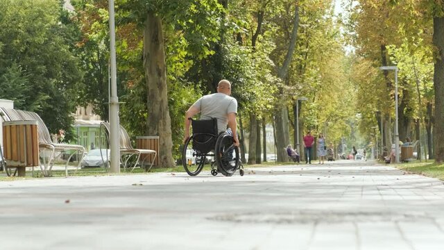 Handicapped man in wheelchair walk at the park alley