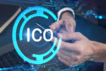 Businessman search and analyze using on-line app on phone. ICO icon hologram.