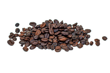 Brown roasted coffee beans isolated on white background.