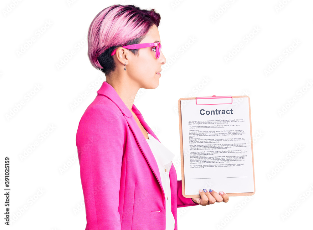 Sticker young beautiful woman with pink hair holding clipboard with contract document looking to side, relax