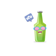 vector cartoon funky beer bottle character with sunglasses isolated on white background. Vector funny beer label or poster design template. International beer day cartoon comic poster or banner