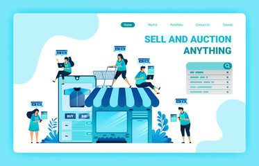 Fototapeta premium Landing page of shopping and spending money with e-commerce apps. Have your own shop with e-commerce. Find right item with online shop. Graphic design template for web, websites, site, banner, flyer