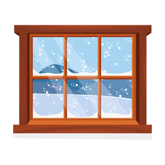 Window overlooking the winter landscape. Cartoon flat style. Vector illustration.
