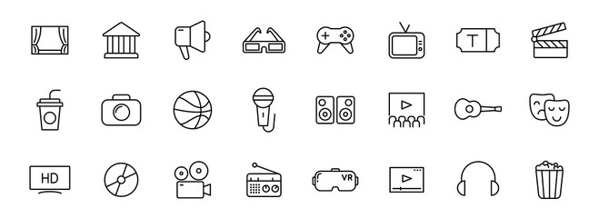 entertainment outline vector icons isolated on white. entertainment icon set for web and ui design, mobile apps and print products